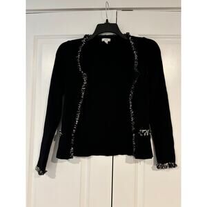 Cache Size S Black Cream Frail Ruffle Trim Cardigan Sweater Women